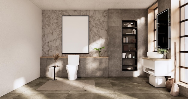 The Bath and toilet on bathroom japanese wabi sabi style 3D rendering