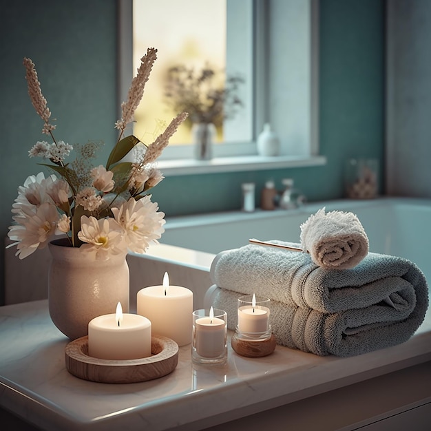 a bath tub with candles and flowers on it