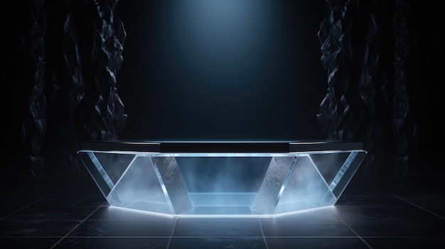 Photo a bath tub with a light shining on it empty podium stage on dark background copyspace