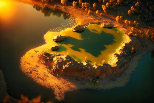 Bathed in warm golden sunlight the picturesque lake shaped like Earth39s continents