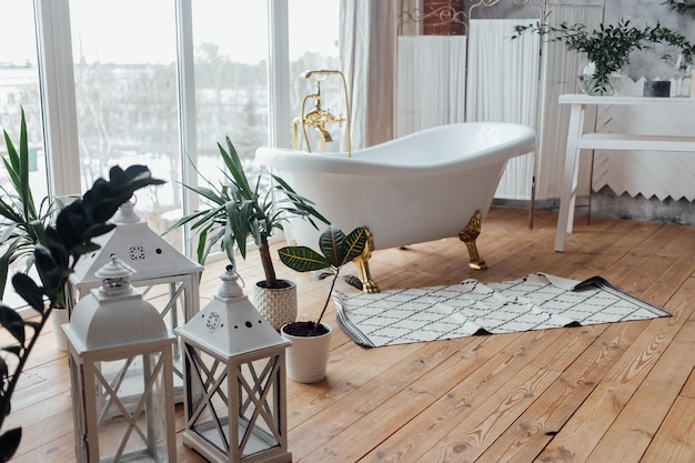 Bathing Room Interior Design Cozy Empty Modern Bathroom Background With White Bathtub And Panoramic Windows