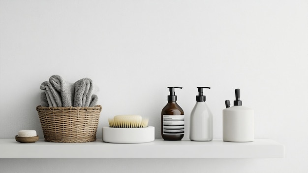 Photo bathroom accessories on shelf against white wall