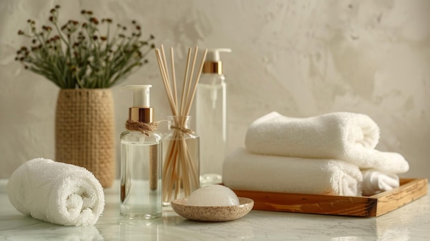 a bathroom counter with a bottle of perfume and a plant on it