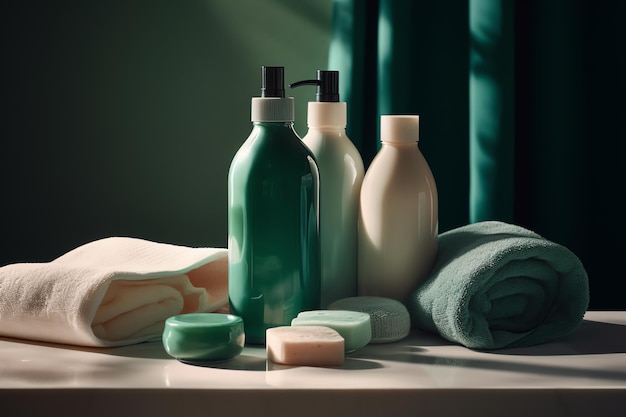 A bathroom counter with bottles of soap, soap, and a towel.