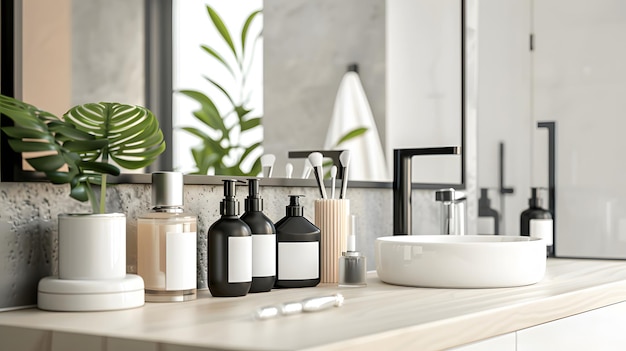 Photo a bathroom counter with a sink and a bottle of soap and a bottle of soap