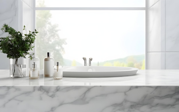 A bathroom counter with a white sink and a bottle of soap.