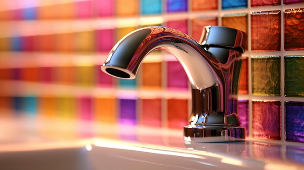 Bathroom design fragment water faucet and ceramic tiles multicolor rainbow closeup Generated AI