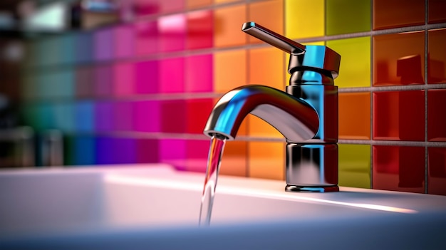 Bathroom design fragment water faucet and ceramic tiles multicolor rainbow closeup Generated AI