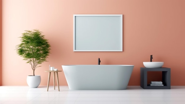 Bathroom design with a bathtub in the center in a minimalist style Generated AI