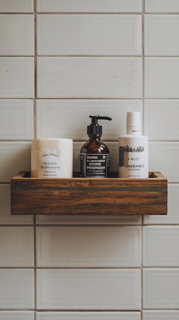 Photo bathroom essentials kept on wooden shelf mounted on tiled wall