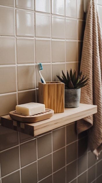 Photo bathroom essentials kept on wooden shelf mounted on tiled wall