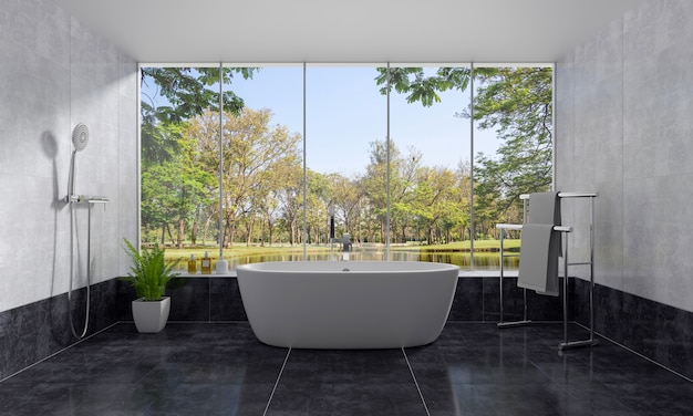 Bathroom interior bathtub and nature view 3D rendering