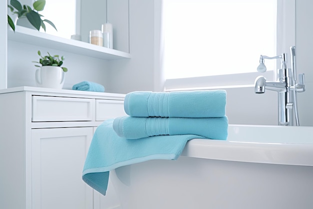 Bathroom interior blue towel bathtub Generate Ai