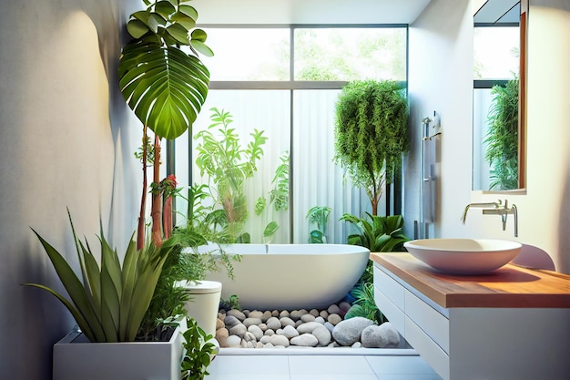 Bathroom interior decorated with green plants Modern comfortable bathroom Generative AIxA