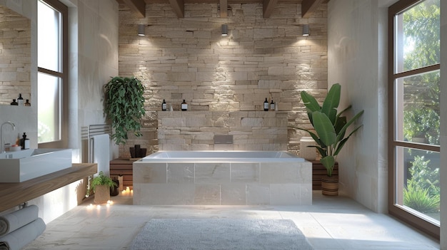 Bathroom interior with natural stone walls large bathtub and tropical plants