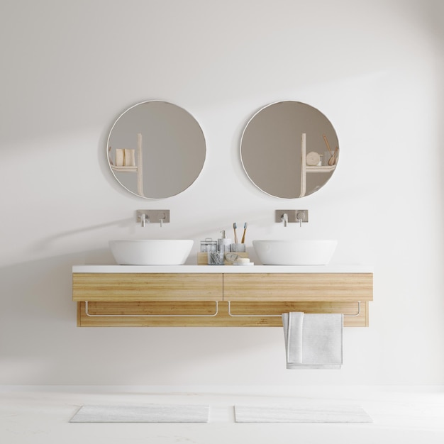 Bathroom interior with round mirror double sink and light wooden cabinets 3d rendering