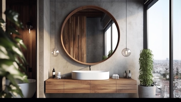 Bathroom interior with round mirror on the wall with AI generated