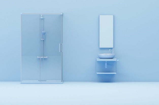 bathroom interior with shower zone and dry zone on pastel blue background, 3d rendering