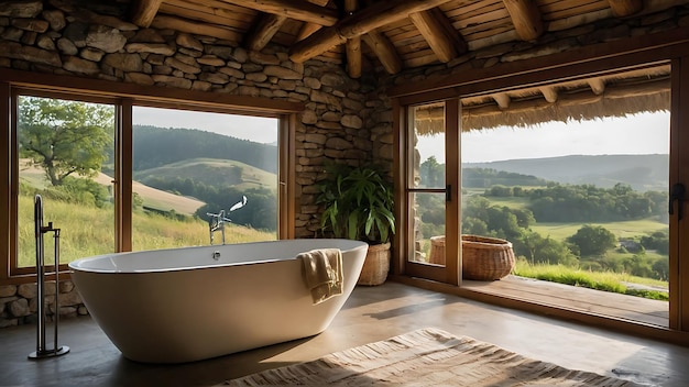 Bathroom interior with a view of the mountains and the valley