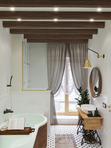 Bathroom interior. Wooden tray with a book and a glass. Wooden beams on the ceiling. 3D render.