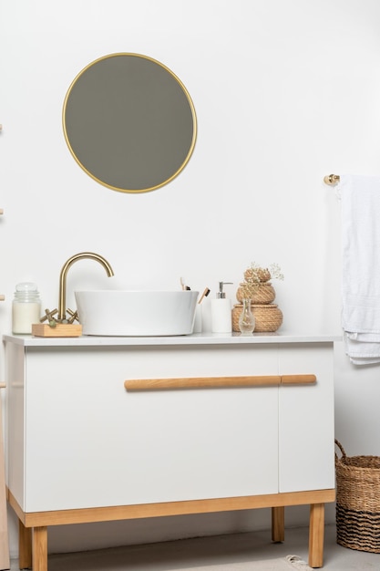 Bathroom marble counter with sink candles and toothbrushes near white wall copy space