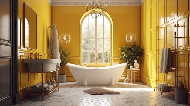 Bathroom modern interior design Yellow room with white bathtub sink washbasin with mirror luster plant and decor Contemporary home space with furniture illustration background Generative AI