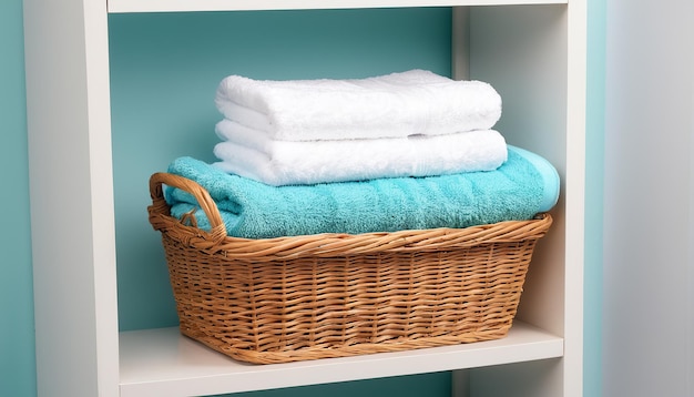 Bathroom Rack Display of Rolled Towels in Basket