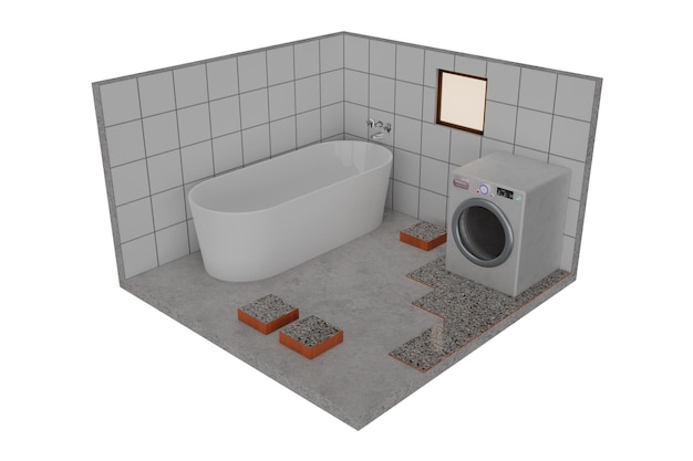 Bathroom restoration interior isometric view with bathtub, 3d rendering