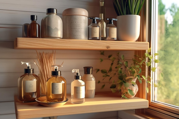 A bathroom shelf with a bottle of soap and a plant on it.