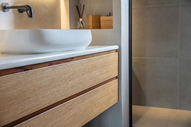 Bathroom sink basin and faucet modern interior design Black taps and white washbasin