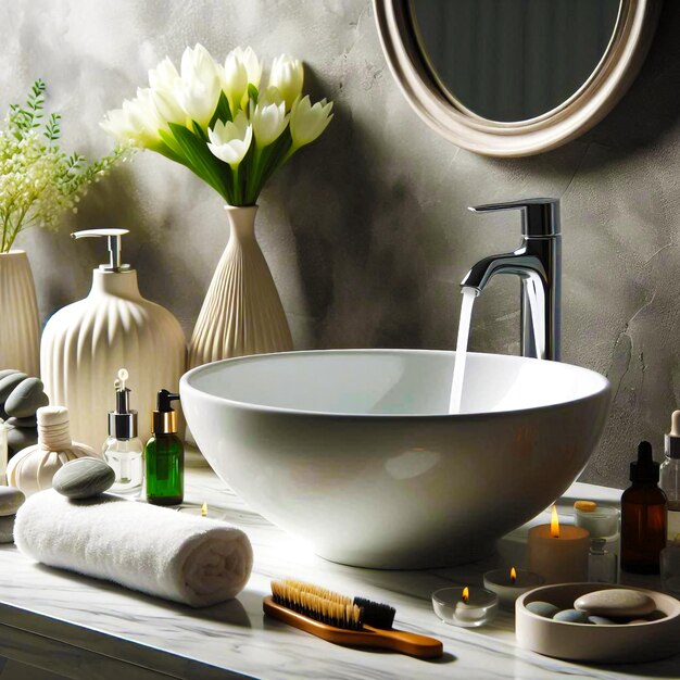 Photo a bathroom sink with a mirror and flowers on the wall