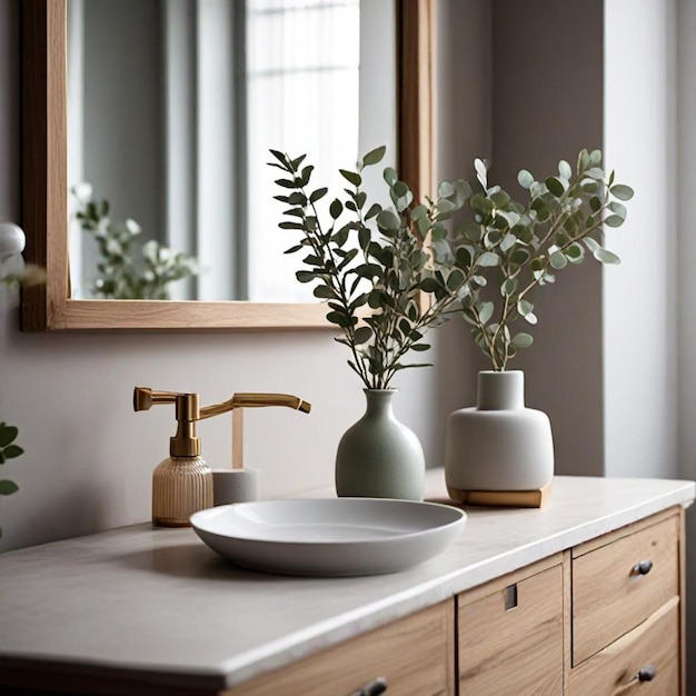 a bathroom sink with a mirror and a plant in it