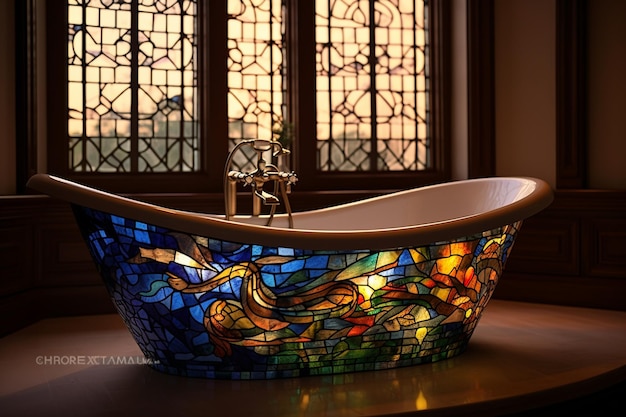 a bathroom sink with a stained glass window and a faucet