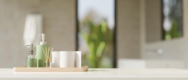 Bathroom tabletop with bathroom accessories set and copy space against blurred elegance bathroom