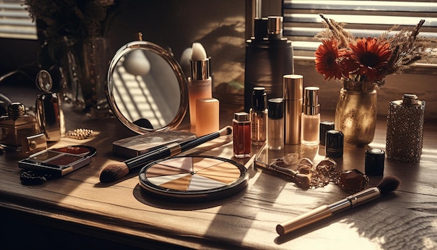 a bathroom vanity with a lot of perfumes on it