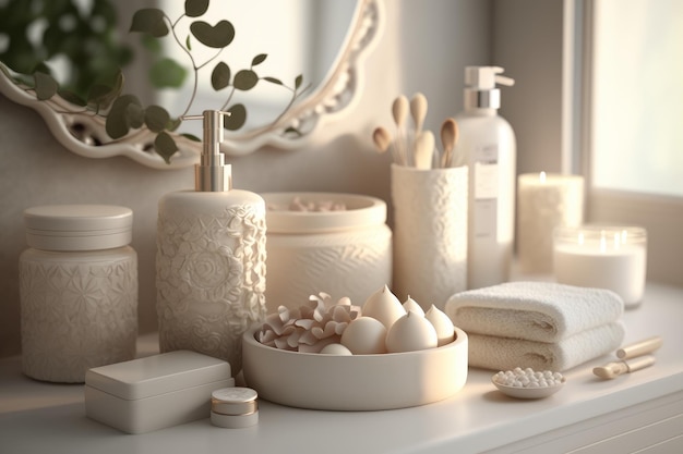 A bathroom vanity with a white shelf and a white container with a plant on it.