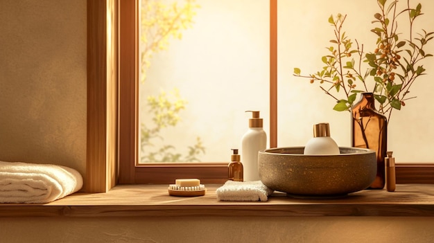 Bathroom windowsill with spa supplies and plants