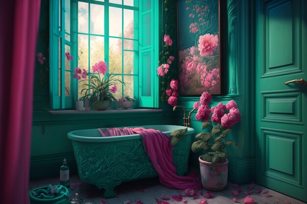 A bathroom with a bathtub and flowers on the window.