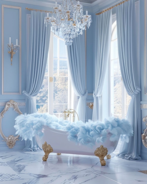 Bathroom with a bathtub made of light blue feathers and gold trim a white marble floor