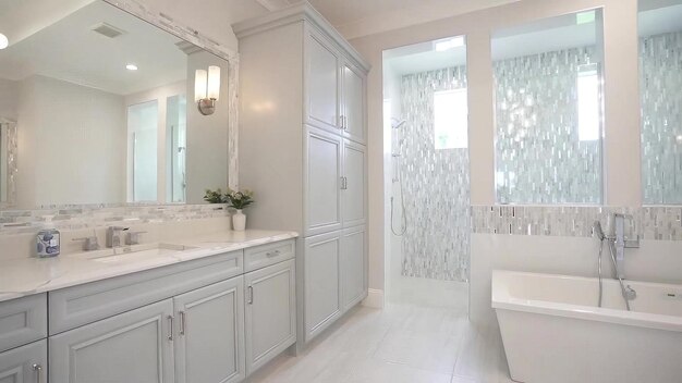 a bathroom with a bathtub and a shower with a white tub and a shower curtain