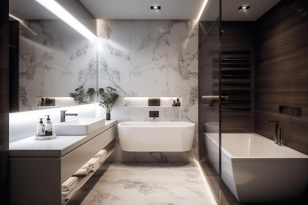 A bathroom with a bathtub and a sink with a mirror above it.