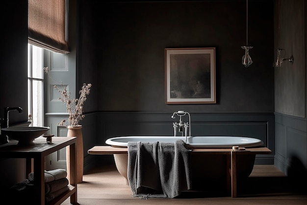 A bathroom with a bathtub and a vase of flowers on the wall.