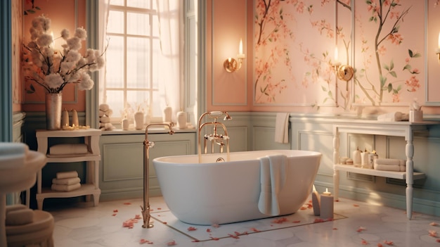 A bathroom with a bathtub and a window with flowers on it.