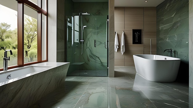 a bathroom with bathtub with a glass door