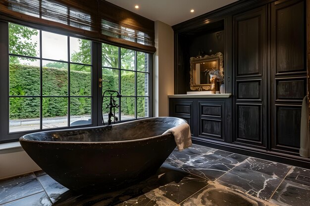 Photo a bathroom with a black bathtub and a large window