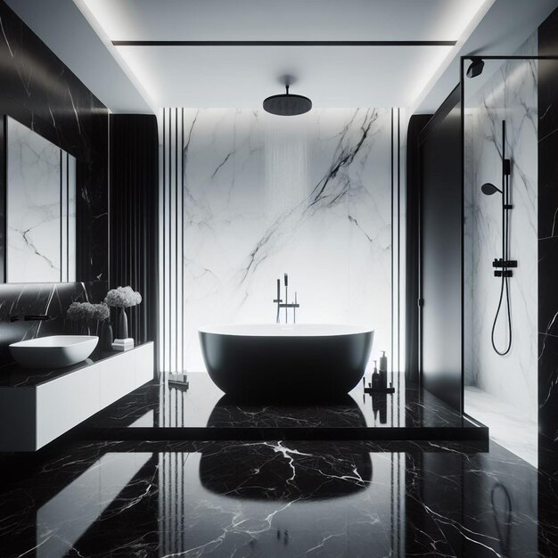 a bathroom with a black and white marble countertop and a sink with a faucet