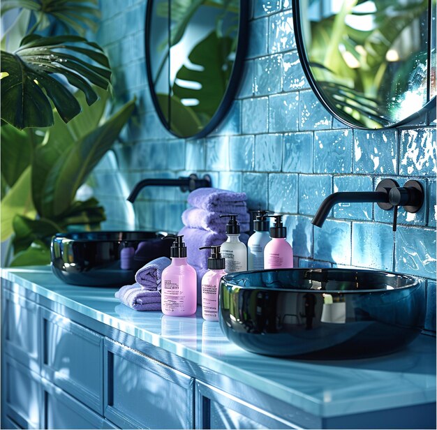 a bathroom with a blue countertop and a sink with a mirror above it