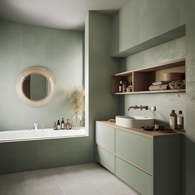 a bathroom with a blue vanity and two mirrors