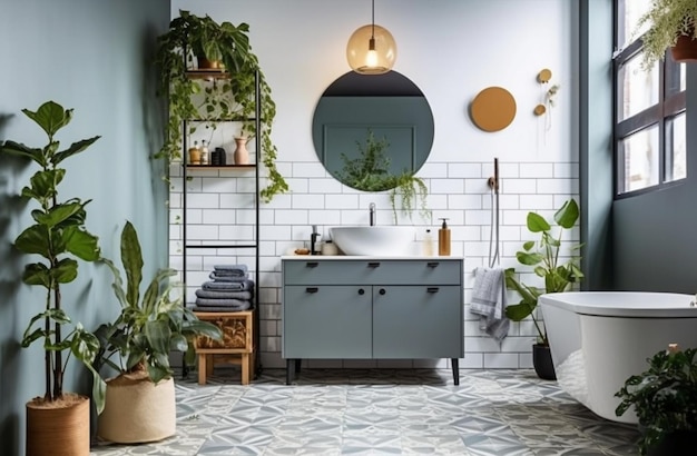 a bathroom with a blue vanity and two mirrors