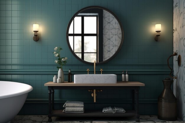 a bathroom with a blue vanity and two mirrors